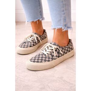 VANS Black Grey Checker Checkerboard Lace Up Sneakers 6 Denim